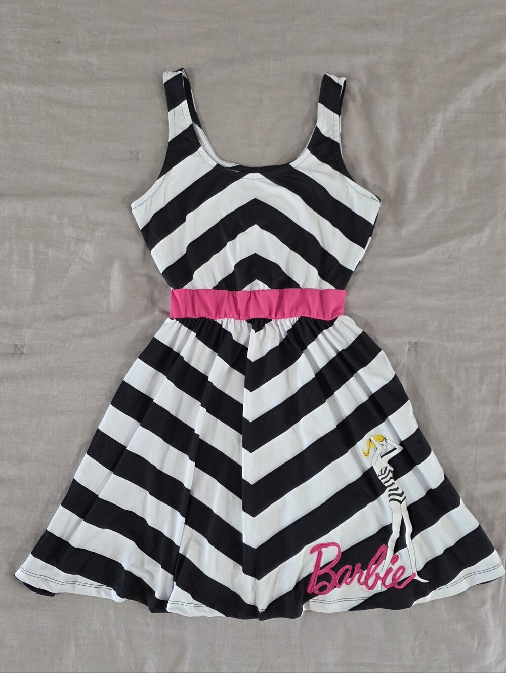 Her Universe Womens Barbie Black and White Striped Dress with Embroidery Logo S